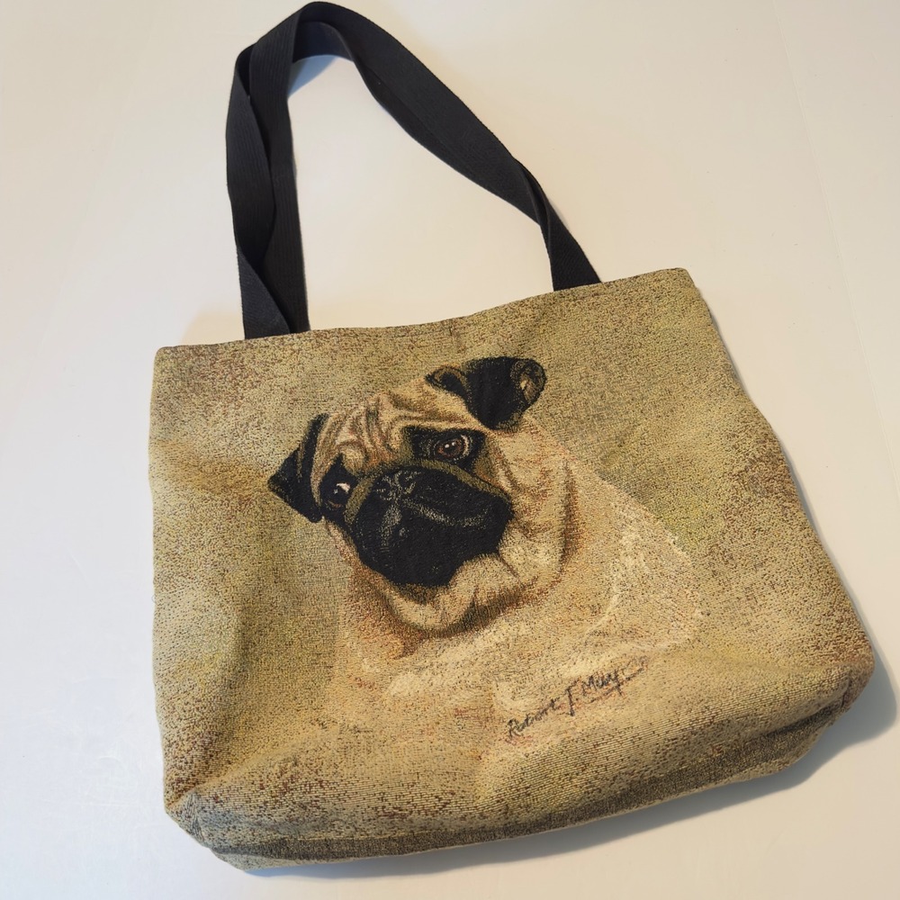 Robert J May Pug Dog Woven Tapestry Tote Bag Tan Black Grandmacore Pet Boho